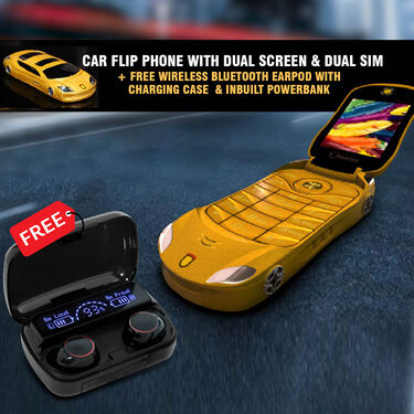 Car Flip Phone with Dual Screen & Dual SIM + Free Wireless Bluetooth Earpods with Charging Case & Inbuilt Powerbank (CSM10)