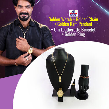 Golden Watch + Golden Chain Pendant + Om leatheate Bracelet + Ring (MGWCBR19)