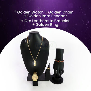 Golden Watch + Golden Chain Pendant + Om leatheate Bracelet + Ring (MGWCBR19)
