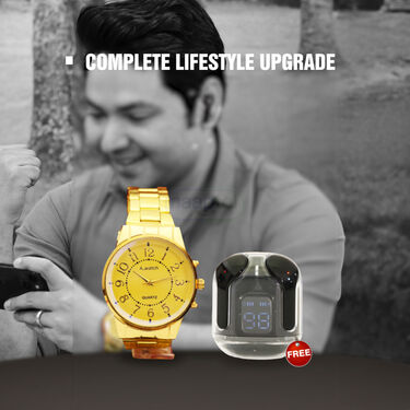 Golden Watch + Free Wireless Bluetooth Earpods (MGWBT2)