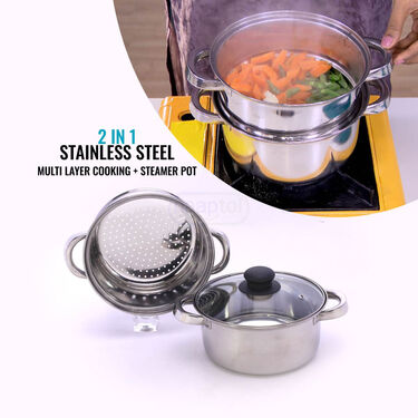 2 in 1 Stainless Steel Multi layer Cooking + Steamer Pot (2MCP1)