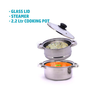 2 in 1 Stainless Steel Multi layer Cooking + Steamer Pot (2MCP1)