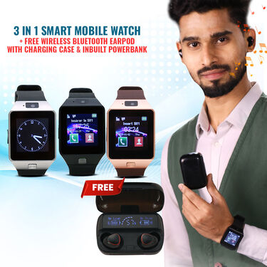 3 in 1 Smart Mobile Watch + Free Wireless Bluetooth Earpods with Charging Case & Inbuilt Powerbank (BCSW10)