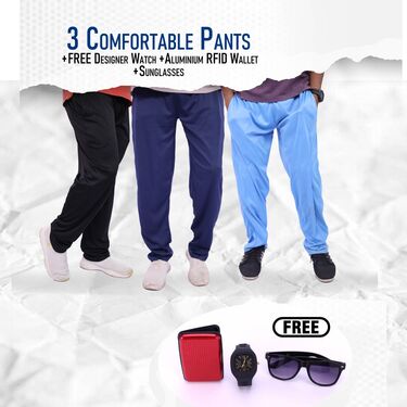 Pack Of 3 Comfortable Pants With Free  1 Watch + Aluminum Wallet + Sunglass (3SPT-9)