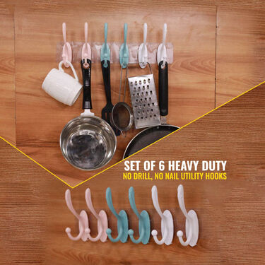 Set of 6 Heavy Duty No Drill No Nail Utility Hooks (6H1)