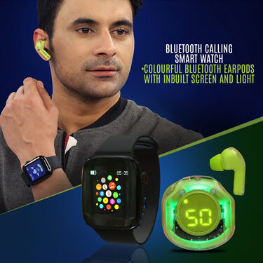 Bluetooth Calling Smart Watch + Colorful Bluetooth Earpods With Inbuilt Screen And light (BCSW16)