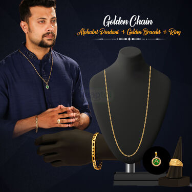 Golden Chain + Alphabet Pendant + Golden Bracelet + Ring (MGJ36)
