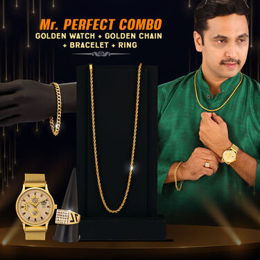 Golden Watch with Golden Chain + Bracelet + Ring (MGWCBR10)