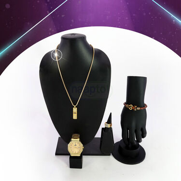 Golden Watch +  Golden Chain Pendant + Om leatheate Bracelet + Ring  (MGWCBR19)