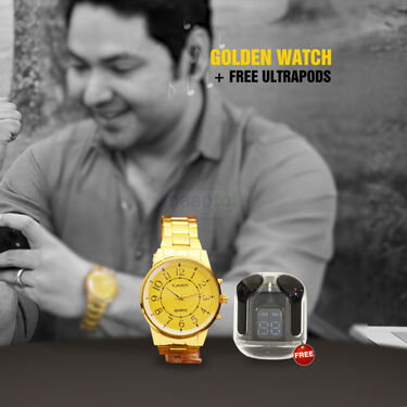 Golden Watch + Free Wireless Bluetooth Earpods (MGWBT2)