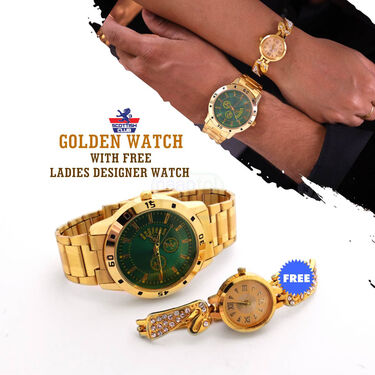 Mens Golden Watch with Free Ladies Designer Watch (MLGW10)