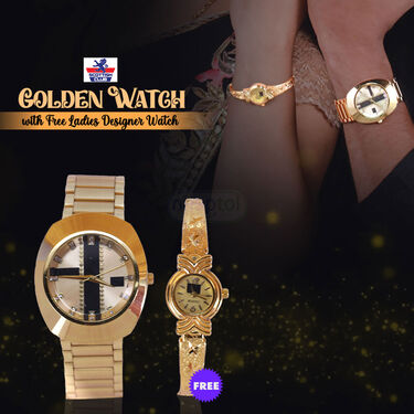 Mens Golden Watch With Free Ladies Designer Watch (MLGW13)