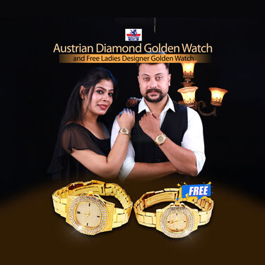 Mens Austrian Diamond Golden Watch With Free Ladies Designer Watch (MLGW14)