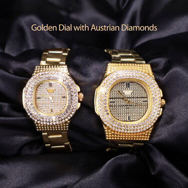 Mens Austrian Diamond Golden Watch With Free Ladies Designer Watch (MLGW14)