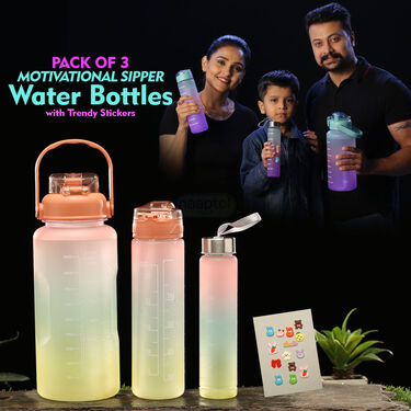 Pack of 3 Motivational Sipper Water Bottles with Trendy Stickers (3PB1)