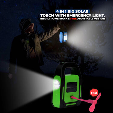 4 in 1 Big Solar Torch with Emergency Light Inbuilt Powerbank & FREE Adjustable USB Fan (PB15)