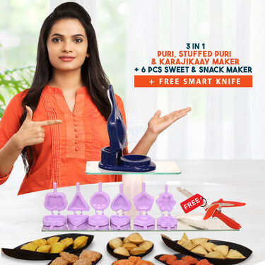 3 In 1Puri Kachori & Gujiya Maker + Free 6Pcs Snack Maker + Smart Knife (PKG10)