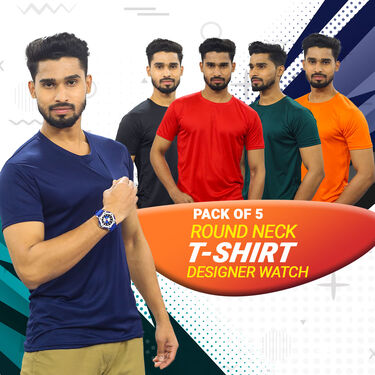 Pack of 5 Round Neck T-shirts with Free Designer Watch (5RTW-3)