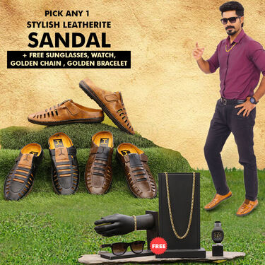 Stylish Leatherite Sandals Pick Any 1 + Free Sports Watch + Sunglasses + Golden Chain + Golden Bracelet (SDC1)